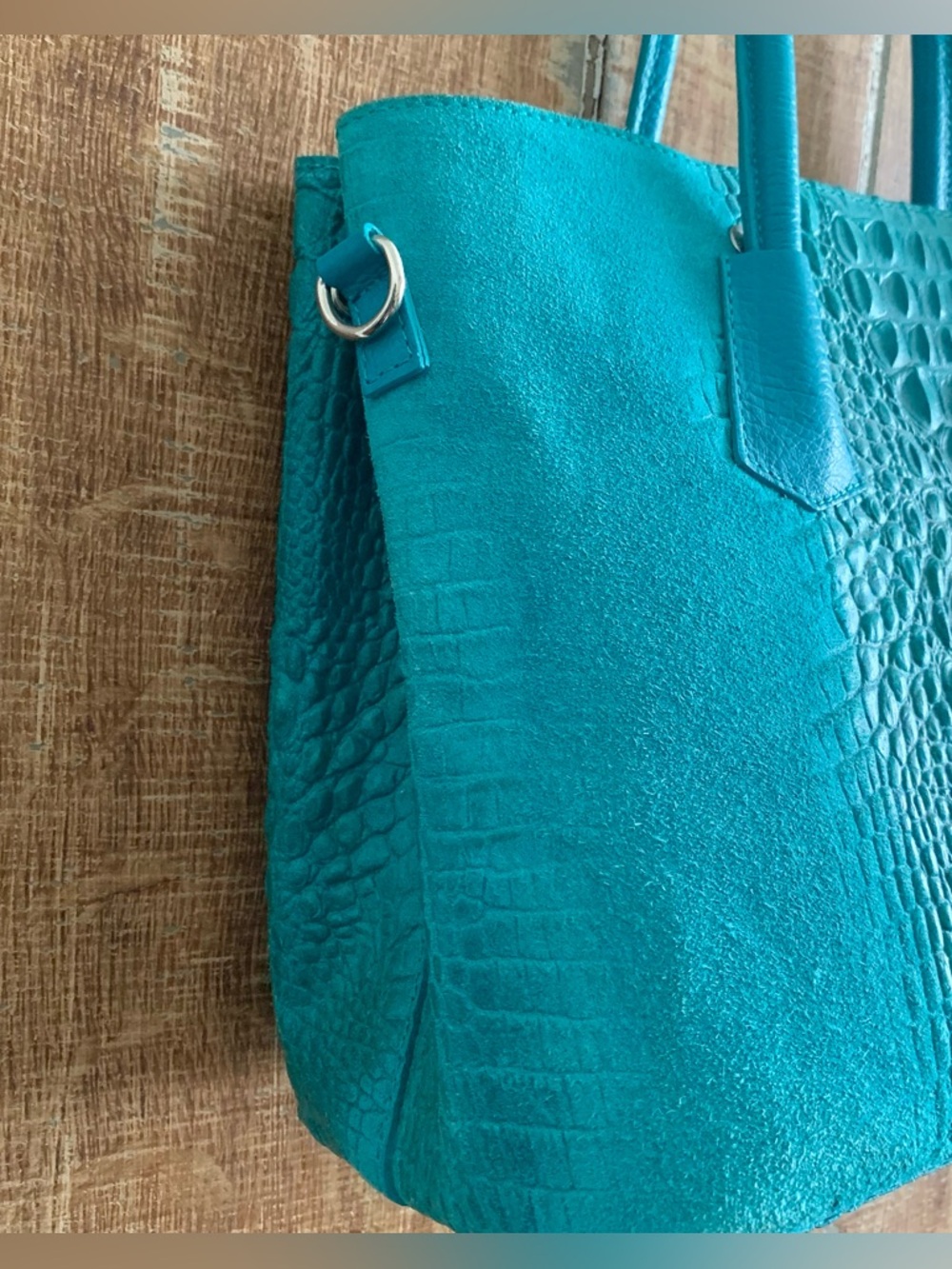 Mila Blu Italian Croc Embossed Leather Satchel Shoulder Bag Turquoise Teal blue - Picture 8 of 14